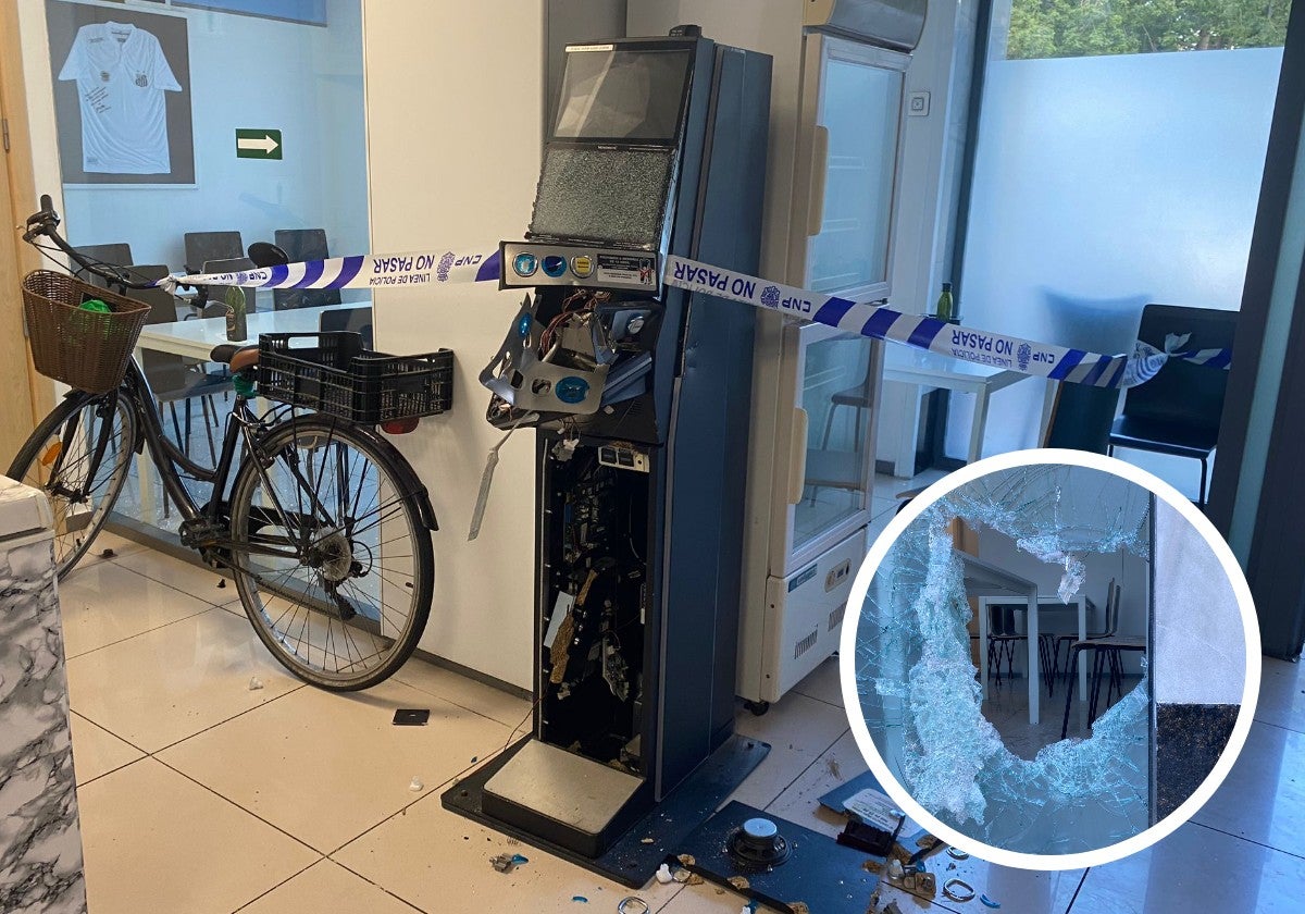 Imágenes de los destrozos causados en la máquina tragaperra y en la cristalera de una de las cafeterías asaltadas esta semana.