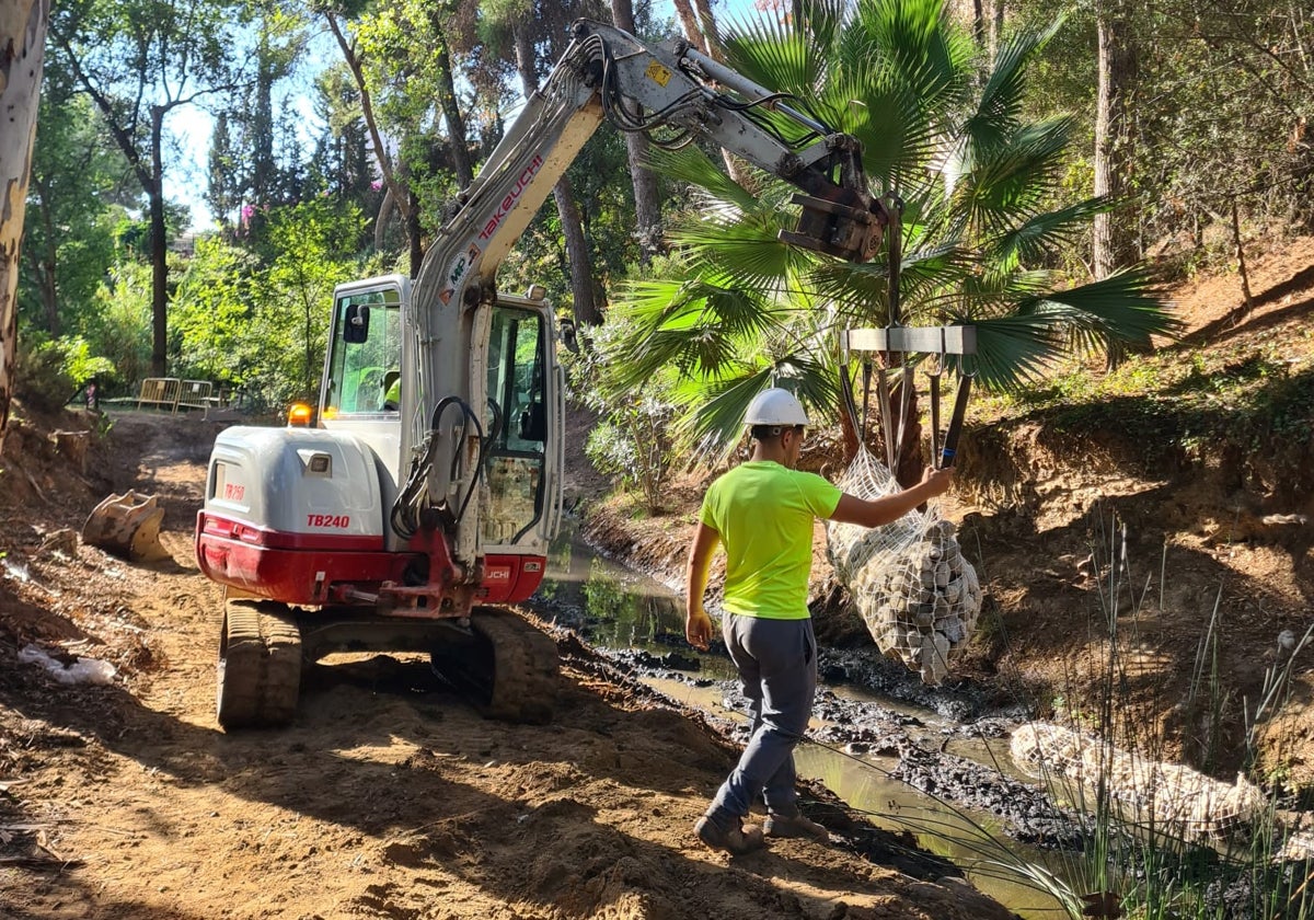 Trabajadores colocan gaviones en los márgenes del arroyo para evitar nuevas crecidas.