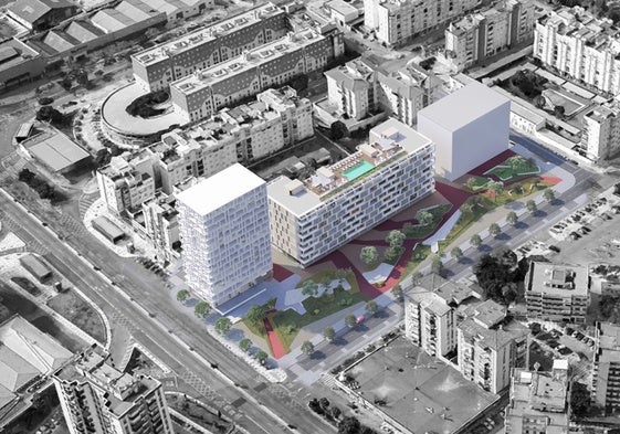 Recreación del proyecto de Portillo, formado por tres edificios.