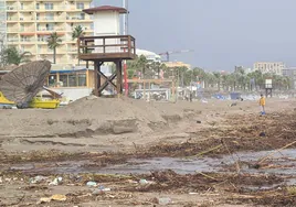 Una mujer pasea por la playa de La Carihuela, afectada por el temporal, con pérdida de arena y el arrastre de cañas y materiales hasta el mar.