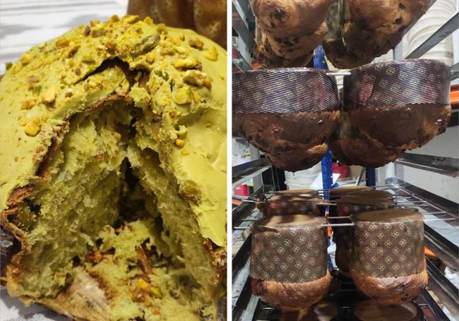 A la izquierda, la masa madre es fundamental para entender la calidad de estos panetones. A la derecha, los panetones se colocan boca abajo en su última fase antes de ponerse a la venta.