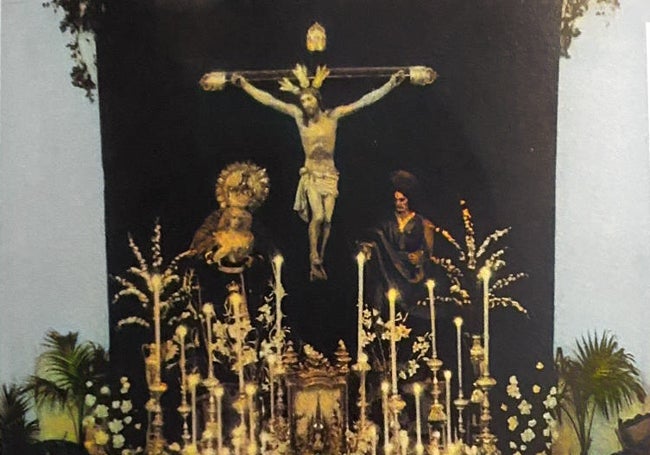 Fotografía coloreada de los cultos de 1945, en la parroquia del Carmen.