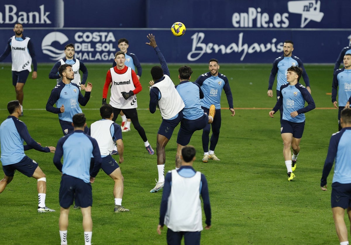 Los jugadores del Málaga se ejercitan en La Rosaleda en una sesión de esta semana.