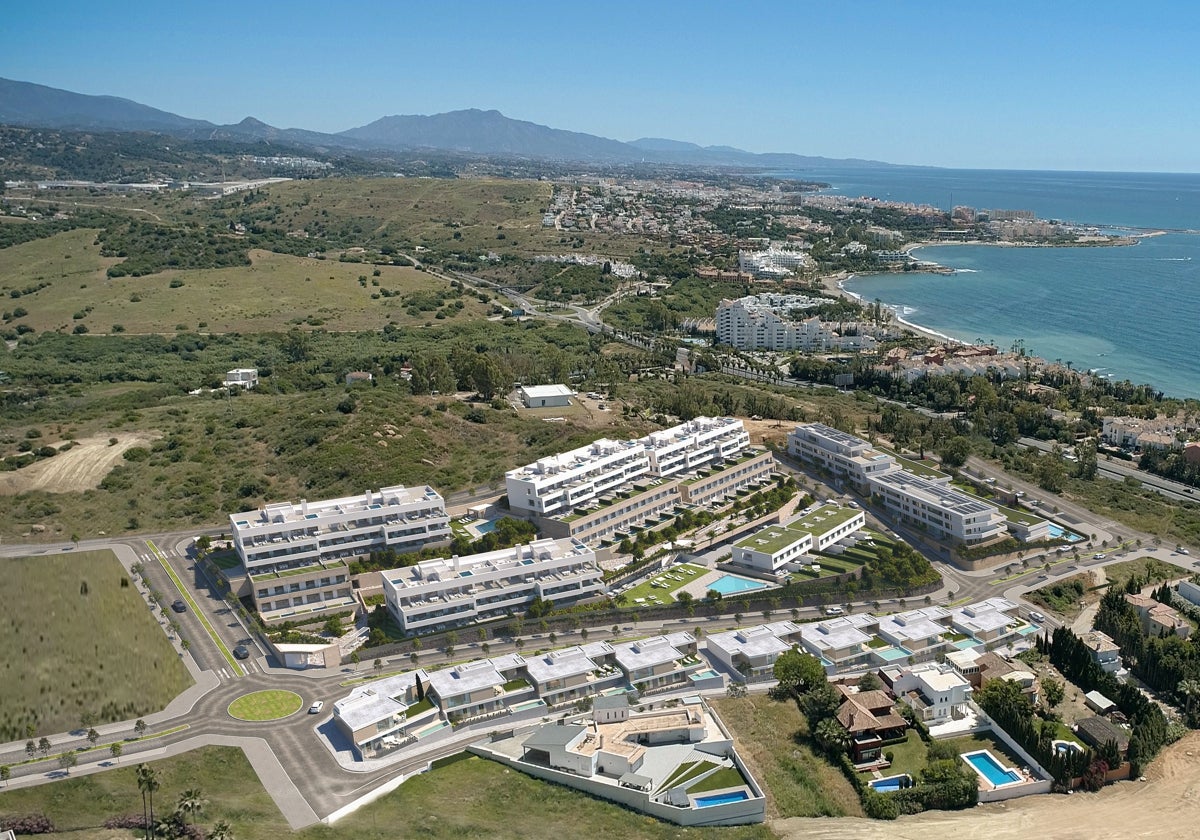 Recreación aérea del nuevo residencial de lujo en Estepona.