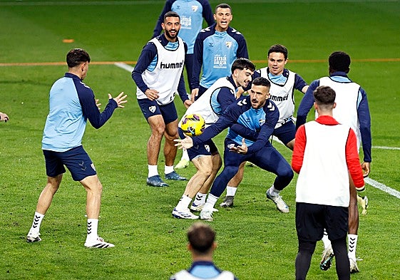 Dioni y el resto de sus compañeros realizan un ejercicio con las manos en un entrenamiento reciente en La Rosaleda.