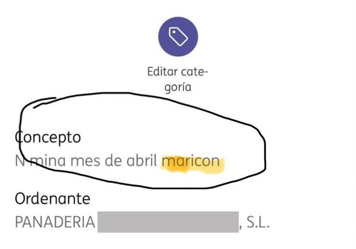 Extracto bancario de la nómina en la que se llama «maricón» a un empleado.