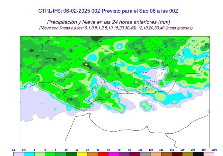 Mapa de previsión de lluvias en Andalucía el sábado de Aemet.