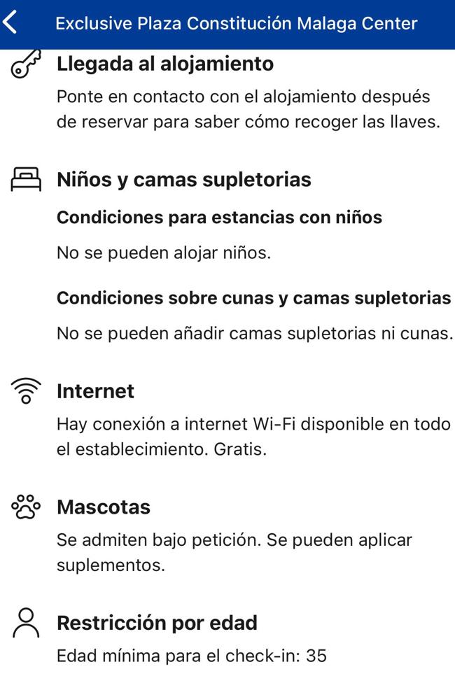 Normas del alojamiento contempladas en el anuncio de Booking.