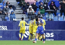 Los jugadores del Cádiz celebran uno de sus goles el domingo, con Larrubia muy afectado por el tanto encajado.