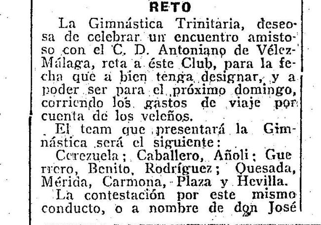 Recorte de periódico que anuncia el equipo Gimnástica Trinitaria con la malagueña Carmona en la alineación.