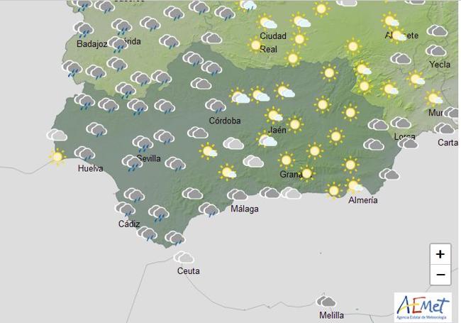 Previsión de lluvias para Andalucía cara a este miércoles a mediodía.