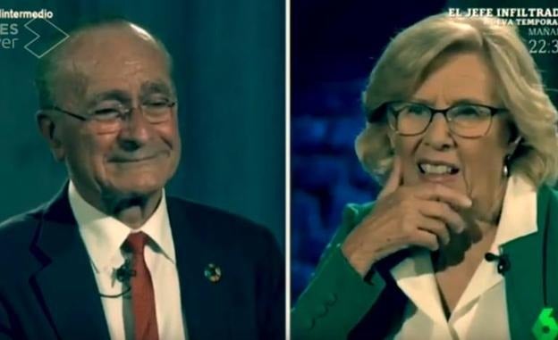 De la Torre y Manuela Carmena, captados en el programa en el momento de la 'declaración'.