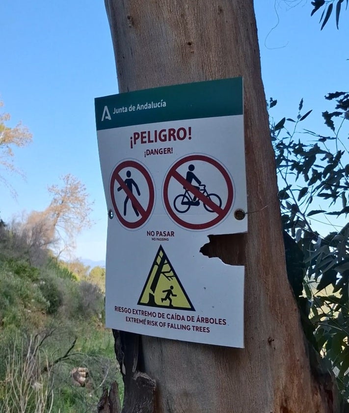 Imagen secundaria 2 - Caminantes por la Sierra de Mijas y sus estribaciones y cartel que avisa del peligro de caída de árboles.