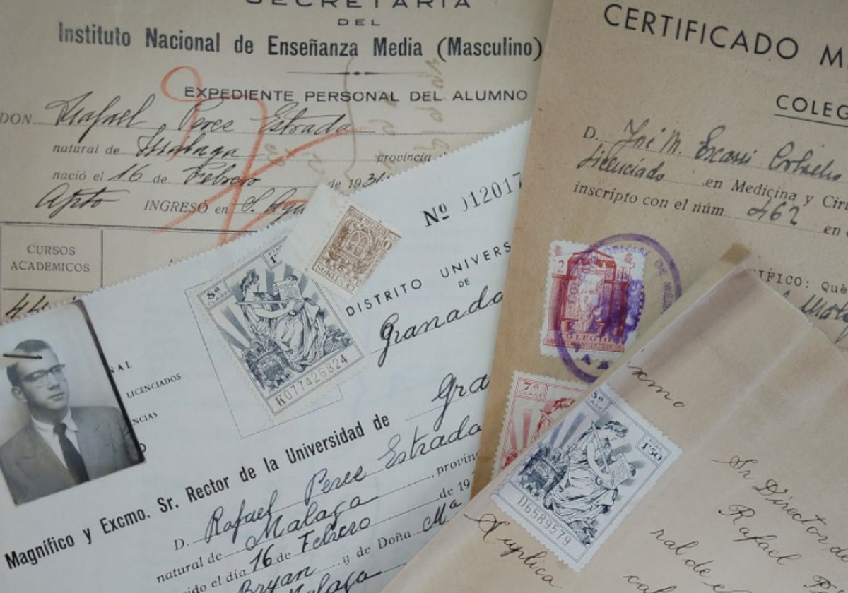 Documentos del expediente académico de bachiller de Pérez Estrado, en el archivo del Instituto de Martiricos.