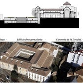 Arriba, vista longitudinal del espacio, con el nuevo edificio intermedio semienterrado. Abajo, imagen aérea.