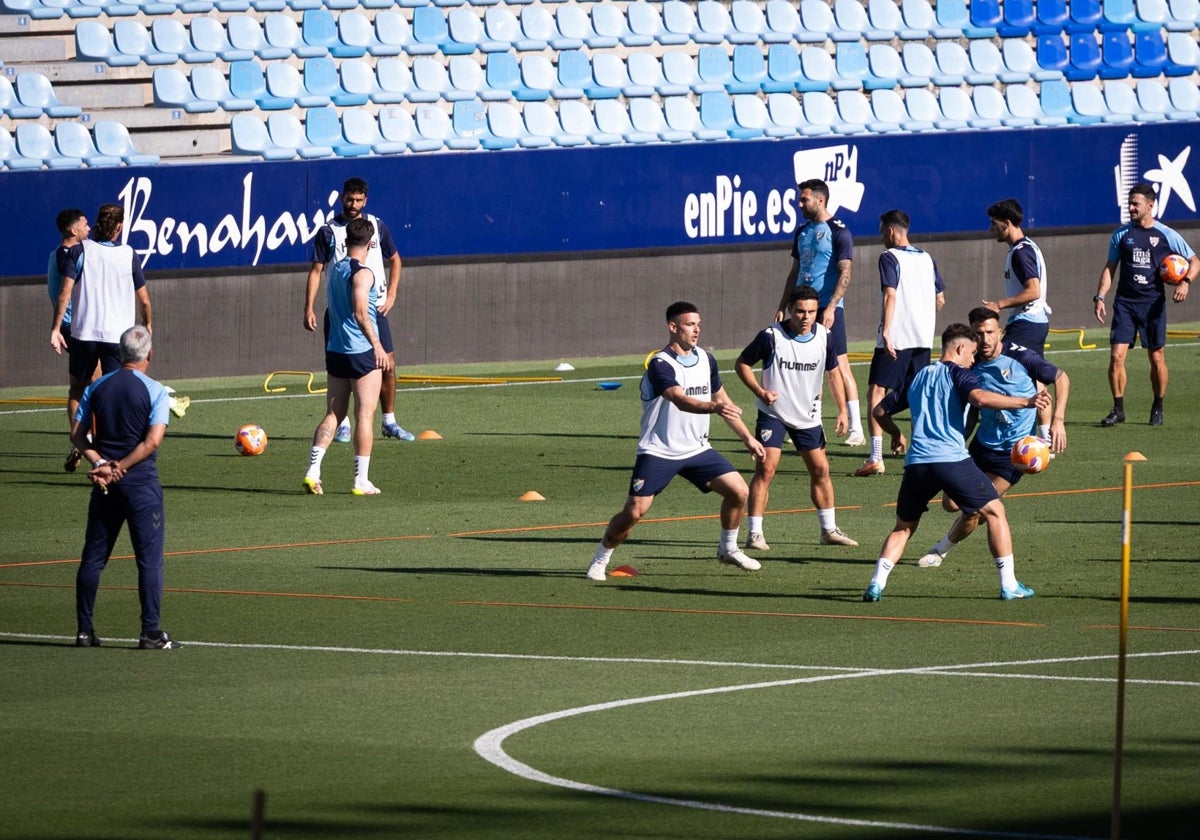 Pellicer observa a sus jugadores durante el entrenamiento de la tarde de ayer en La Rosaleda.