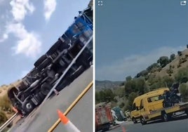 El vuelco de un camión cierra dos carriles de la A-7 de Málaga en Ciudad Jardín