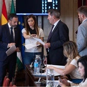 Elisa Pérez de Siles, en el centro, junto al resto de portavoces hombres de los grupos municipales, el socialista Dani Pérez, el de Vox, Antonio Alcázar, y el de Con Málaga, Nico Sguiglia.