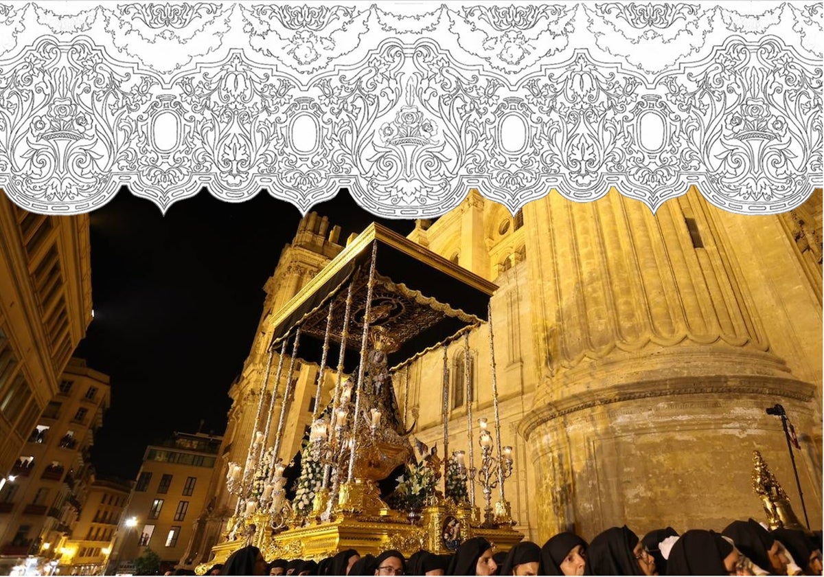 Arriba, diseño de las bambalinas del palio de la Virgen de los Dolores.
