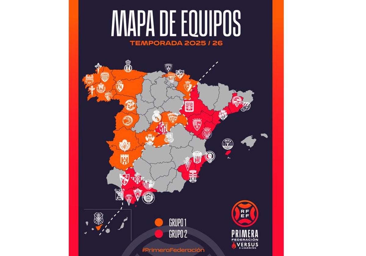 El mapa oficial de los grupos 1 y 2 de Primera RFEF en la temporada 2025-26.