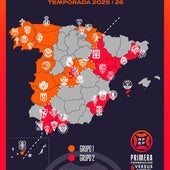 El mapa oficial de los grupos 1 y 2 de Primera RFEF en la temporada 2025-26.