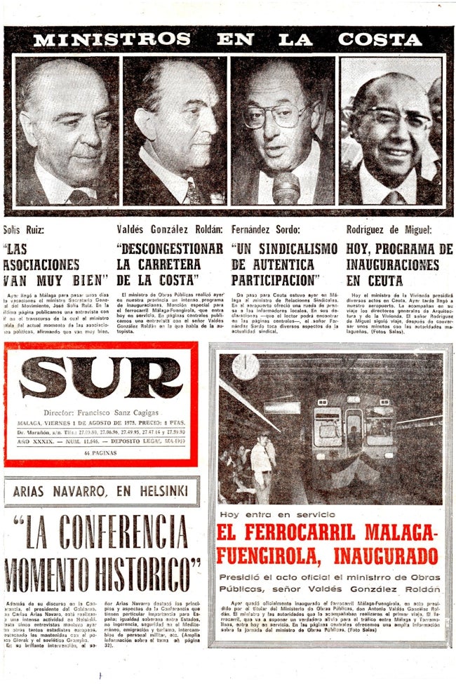 Portada de SUR del 1 de agosto de 1975, que refleja la llegada de la línea de Málaga a Fuengirola.
