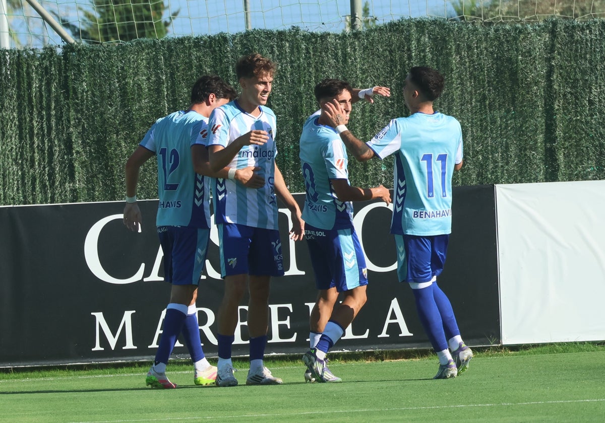 Dotor, Niño, Larrubia y Joaquín Muñoz, celebrando el 0-1 de este sábado ante el Almería.