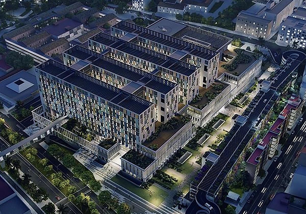 Recreación del proyecto del Tercer Hospital para Málaga, a espaldas del Civil.