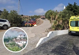 Bomberos, Guardia Civil y sanitarios, en la zona del suceso. En el centro, la casa afectada.