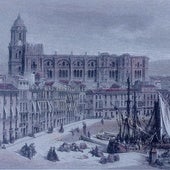 La catedral y el puerto de Málaga por Gustavo Doré. Hacia 1870.