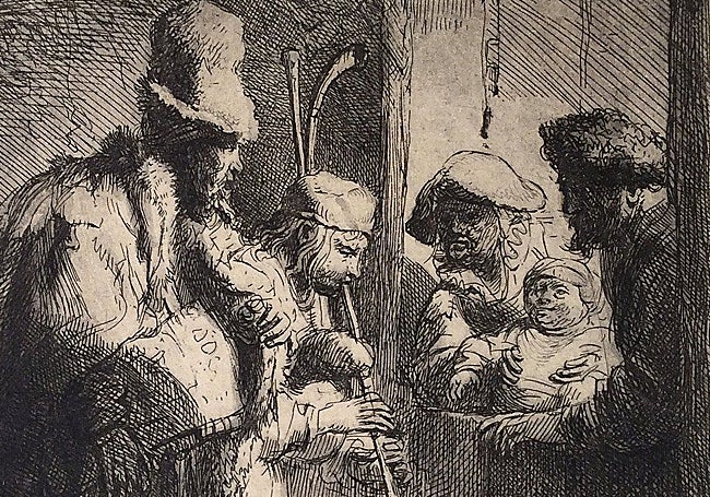 Escena bíblica de uno de los grabados de Rembrandt.