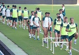 La plantilla malaguista, con Chupete al frente, en un entrenamiento reciente en La Rosaleda.