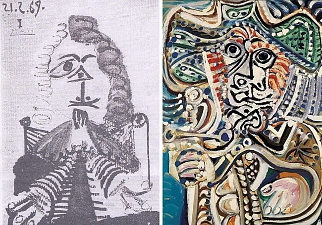 A la izquierda, la obra robada 'Un mosquetero' y, a la derecha, 'Mosquetero con espada' colgada en el Museo Picasso Málaga.