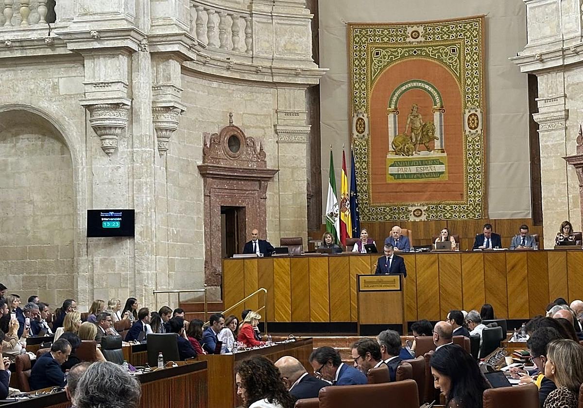 Sanz, en la tribuna de oradores, duranta la sesión plenaria celebrada en la tarde de este miércoles en el Parlamento regional.