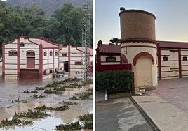 Una zona de Álora próxima al Guadalhorce, durante la riada y un año después de su reparación.