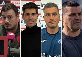 Oriol Riera, Carlos Cura, Mikel Llorente Xavi Molist, los cuatro entrenadores del Estepona en temporada y media.