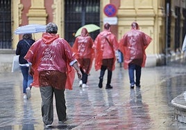 Ciudadanos paseando bajo la lluvia en el Centro de Málaga.