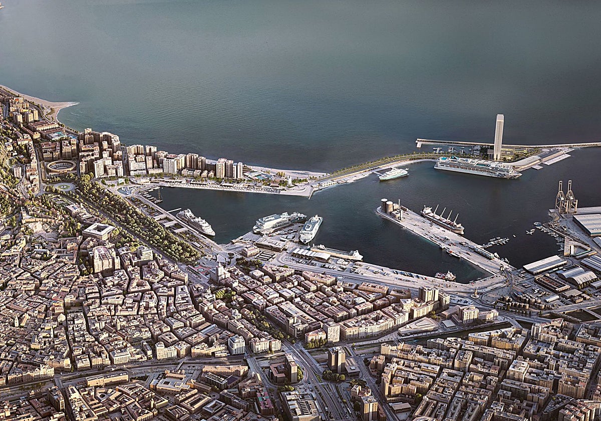 Maqueta con la ubicación de la Torre del Puerto en el dique de Levante.