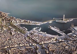 Vista aérea de una recreación de la Torre del Puerto en el dique de Levante.