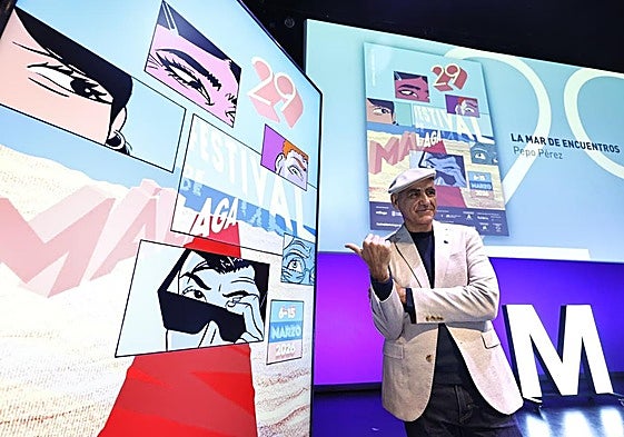 El dibujante Pepo Pérez, en la presentación del cartel de la 29 edición del Festival de Málaga.