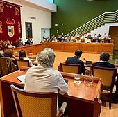 La bancada del PP levanta la mano para aprobar las cuentas del equipo de Gobierno.