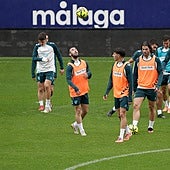 Los jugadores del Málaga, durante el entrenamiento del viernes en La Rosaleda.