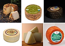 Arriba, de izquierda a derecha, queso Flor del Torcal, queso curado emborrizado de AGAMMASUR y queso semicurado de tomillo de La Hortelana. Abajo, de izquierda a derecha, queso semicurado El Pinsapo, Semicurado de cabra de Pastor del Valle y queso semicurado pasteurizado con chili picante de La Cañada del Capitán.