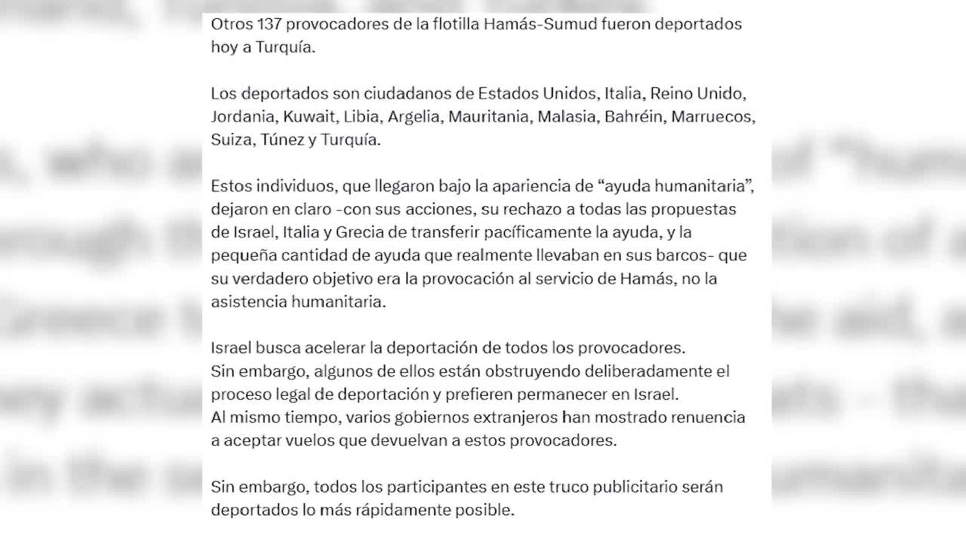 Israel confirma 137 deportaciones de tripulantes de la Global Sumud Flotilla este sábado