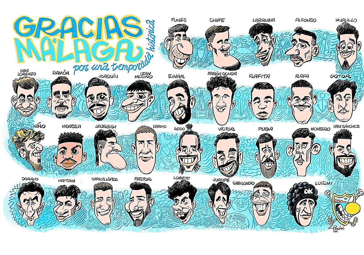 El dibujante Pachi confecciona un póster para SUR de la plantilla del Málaga
