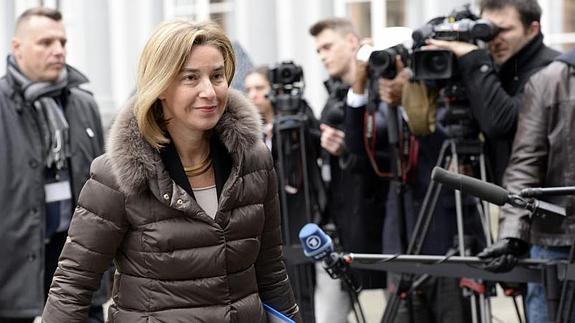 Federica Mogherini, a su llegafa a la conferencia.