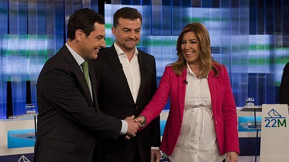 Juanma Moreno y Susana Díaz, en el debate de anoche. 