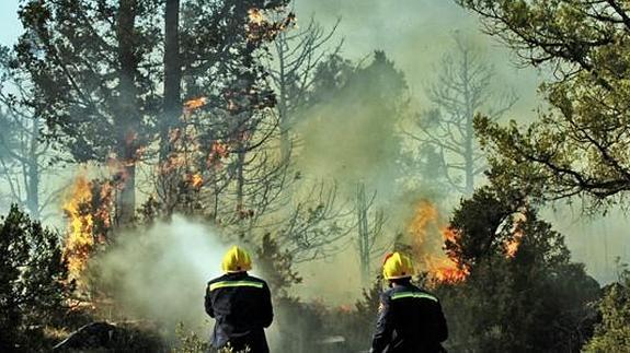 Dos bomberos apagando el fuego. 