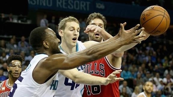 Pau Gasol lucha por el balón con Kemba Walker y Cody Zeller.