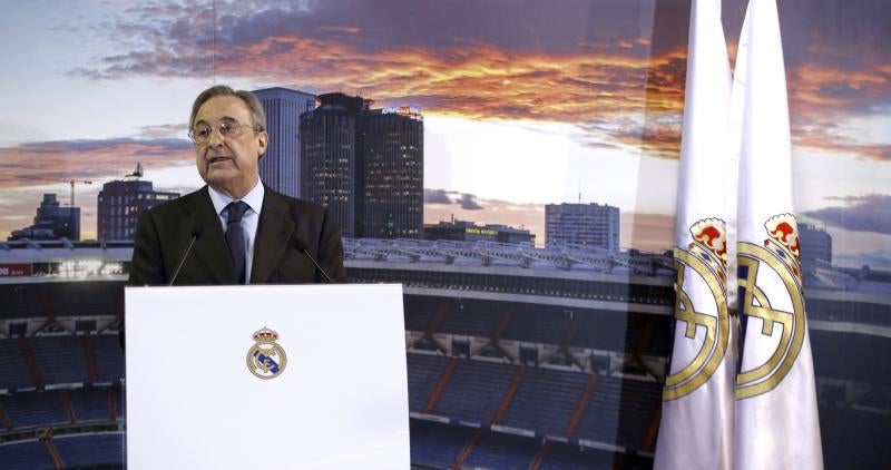 Florentino Pérez, durante el discurso en la comida con los medios de comunicación. 